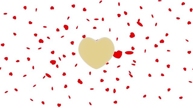 Animazione illustrazione 3D. Piccoli cuori rossi ruotano attorno ad un dorato cuore centrale. Simbolo di amore e di San Valentino..