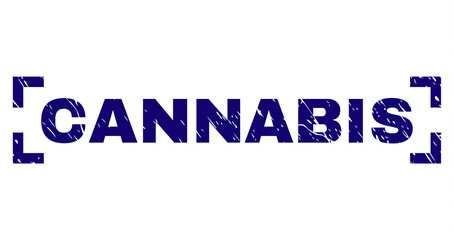 CANNABIS text seal print with grunge texture. Text tag is placed between corners. Blue vector rubber print of CANNABIS with scratched texture.