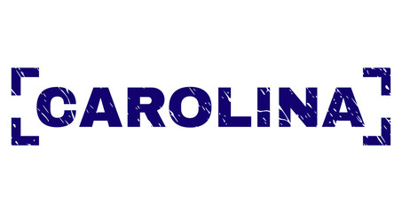 CAROLINA label seal watermark with corroded texture. Text label is placed between corners. Blue vector rubber print of CAROLINA with retro texture.