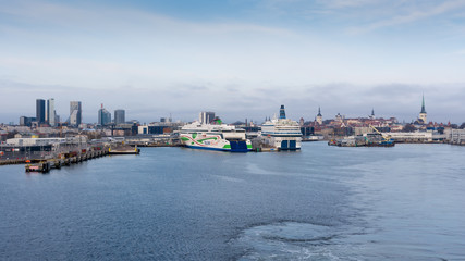 Tallinn. View of the city and the sea port from the departing ferry.