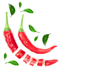 red hot chili peppers isolated on white background with copy space for your text. Top view. Flat lay pattern