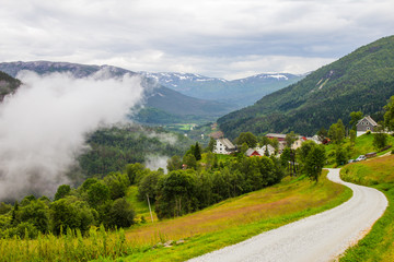 the beautiful view on Naeroydalen valley and peaks on Stalheim, Voss, Norway.