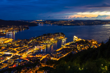 Fototapeta premium White Night of Bergen from view point Floyen, panoramic view, Bergen, Norway at sunset.