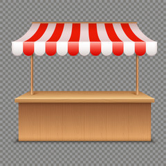 Empty market stall. Wooden tent with red and white striped awning isolated on transparent background © SpicyTruffel