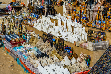 Different egyptian souvenirs for sale in a street shop