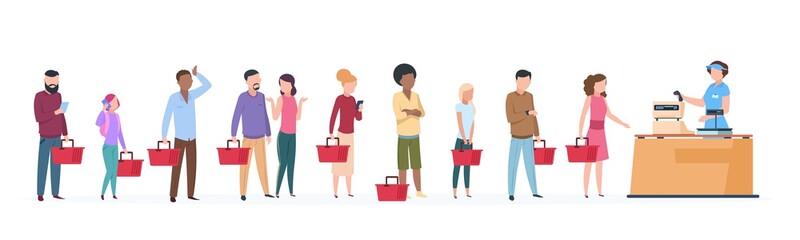 People queue. Man and woman standing waiting in long line row. Crowded queue in grocery store vector concept