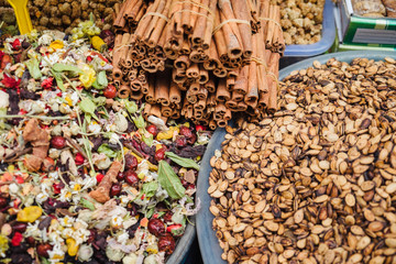 Egyptian bazaar with heap of herbal tea in Istanbul, Turkey