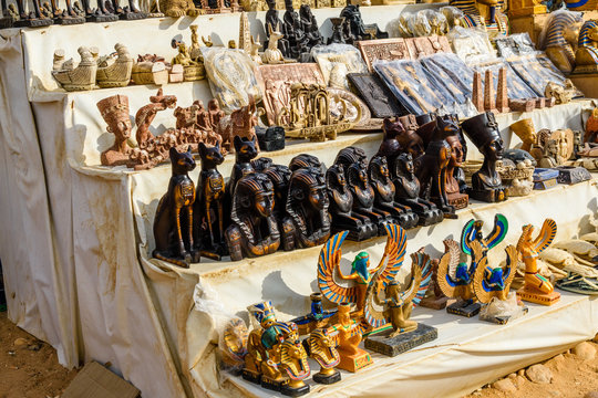 Different egyptian souvenirs for sale in a street shop