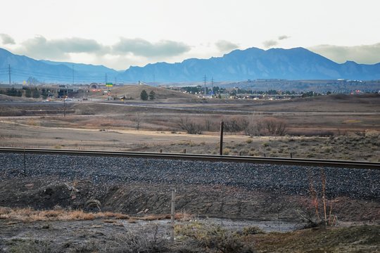 Train Tracks Around The Cradleboard Trail Walking Path On The Carolyn Holmberg Preserve In Broomfield With Views Of Hiking Trails, By Denver Colorado, Rocky Mountains, United States.