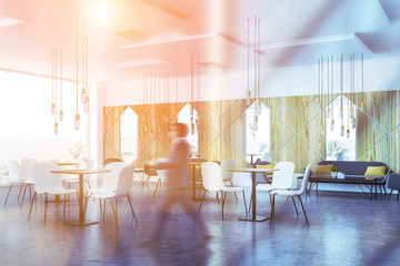 Panoramic cafe corner, businessman