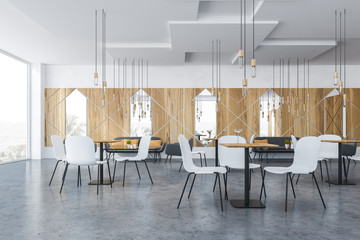 Panoramic wooden cafe interior
