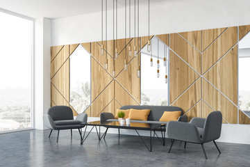 Gray sofas in panoramic cafe corner