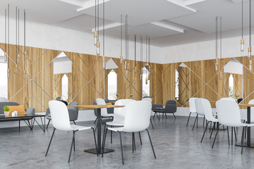 Wooden cafe corner, chairs and tables