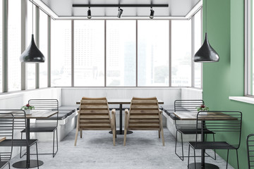 White and green cafe interior