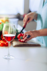 Selective focus of wine standing on the table