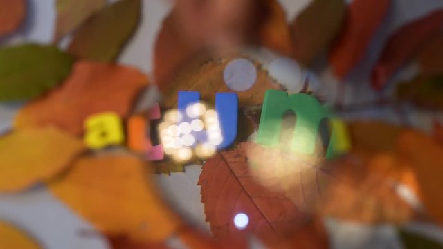 Word autumn through magnifying glass. Colorful letter on yellow leaves.