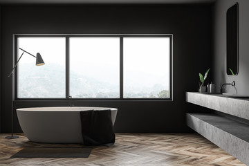 Obraz na płótnie Canvas Gray bathroom interior, tub and double sink