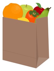 Paper bag of different health food on white background. Grocery in a paper bag and fruits in paper bag. Vector illustration.