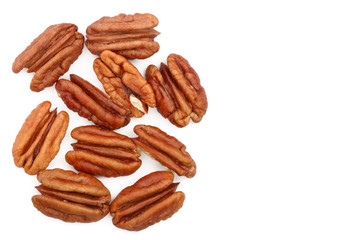 pecan nut isolated on white background with copy space for your text. Top view. Flat lay