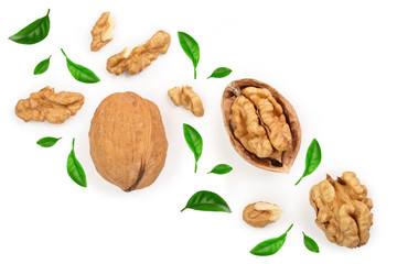 Walnuts with leaf isolated on white background. Top view. Flat lay