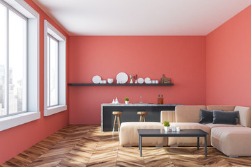 Pink kitchen with bar and sofa