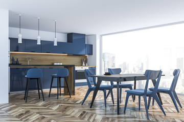 Blue panoramic kitchen with bar
