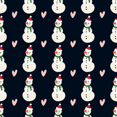 Vector winter pattern for decoration design with snowman and heart on a dark background. Winter background decoration