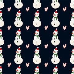 Vector winter pattern for decoration design with snowman and heart on a dark background. Winter background decoration