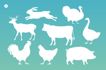 Animals silhouette set. White silhouette of animals