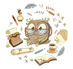 Owl cute hand drawn. Isolated on white background. Adorable animal pet bird. The author writes books, creates, composes. Poet, blogger, journalist.