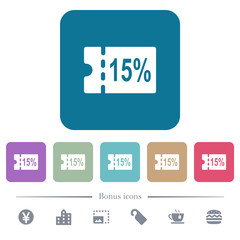15 percent discount coupon flat icons on color rounded square backgrounds