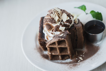 Belgian chocolate waffle and ice cream, bread for breakfast or tea time, Desserts and Food Concepts.