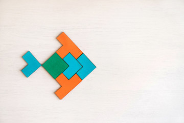 Color wooden tangram puzzle in fish shape.