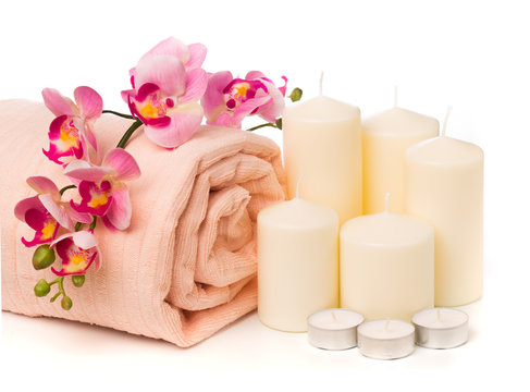 Spa still life with aromatic candles,orchid flower and towel. - Image.