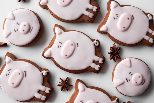 Delicious homemade gingerbread cookies in a shape of pig 2019 new year.