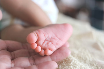 Obraz na płótnie Canvas Soft focus of newborn tiny baby feet in parent hands