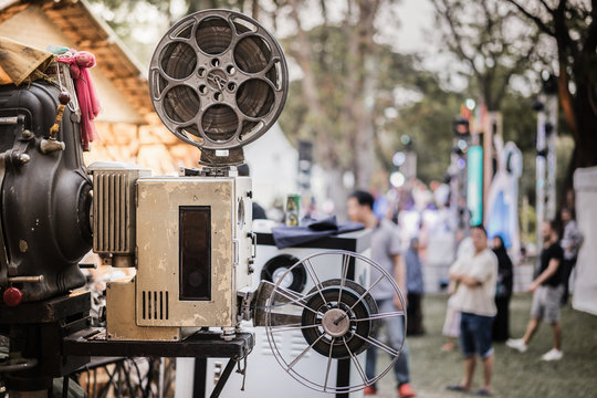 The Old Analog Rotary Film Movie Projector At Outdoor Cinema Movies Theater For Show People In The Park.