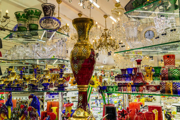 Large display of famous Czech Bohemian crystal glass in a shop window.