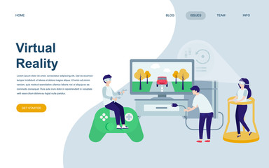 Modern flat web page design template of Virtual Augmented Reality decorated people character for website and mobile website development. Flat landing page template. Vector illustration.