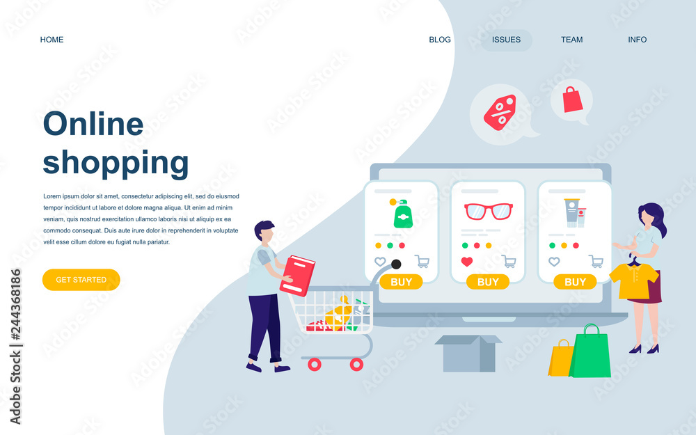 Poster modern flat web page design template of online shopping decorated people character for website and m