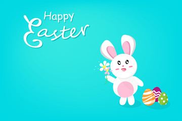 Happy Easter, cute rabbit holding flower with egg fancy, calligraphy season holiday, cartoon invitation poster greeting card abstract background vector illustration