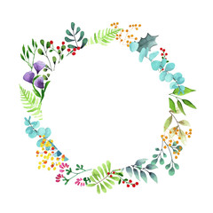 Vector watercolor illustration. Beautiful wreath. Colorful greeting card with leaves and branches. Spring flowers for invitation, wedding or postcard.