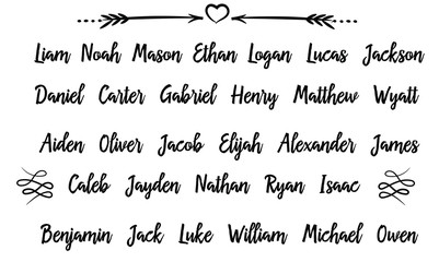 30 Most popular Men Male Names in USA . Calligraphy saying for print. Vector Quote 