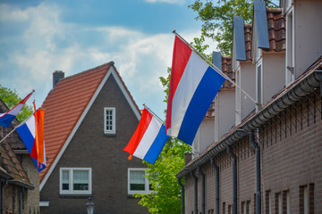 Fototapeta na wymiar Traditional birthday celebration of King of the Netherlands Willem-Alexander, King's Day national holiday on April 27, Dutch flag