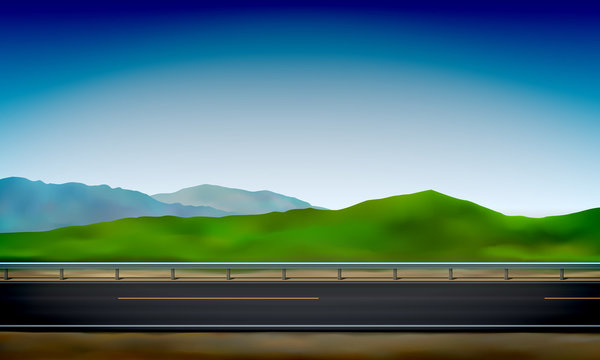 Roadside view with a crash barrier, green nature and clear blue sky background, road, vector illustration