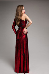 Fashion Model Red Sparkling Dress, Elegant Woman in Long Evening Gown, Girl Studio Portrait, Back...