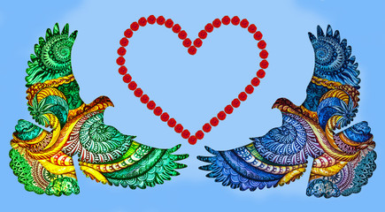 Fototapeta na wymiar Isolated silhouettes of two birds covered with colorful ornaments, in the middle a heart of red roses, space for text