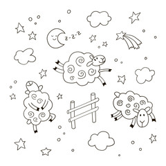 Fototapeta premium Dobranoc kreskówka tło dla dzieci. Ręcznie rysowane doodle cute owiec, skoki przez płot na nocnym niebie. Ilustracja wektorowa czarno-biały.