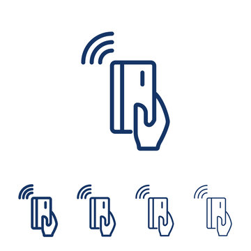 NFC payment vector line icon.Hand holding credit/debit card. Contactless payment from credit card.