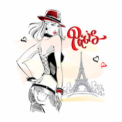 The girl in the hat drinks coffee.  Fashion model in Paris. Eiffel tower. Romantic composition. Elegant model on vacation. Vector.